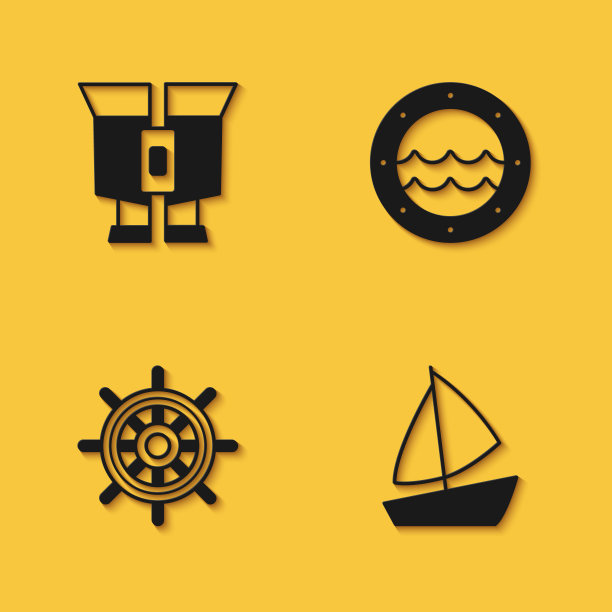 集双筒望远镜，游艇帆船，船舶方向盘和舷窗图标与长阴影。向量图片下载