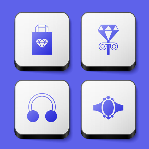 集购物袋珠宝，耳钉，穿孔和钻石订婚图标。白色方形按钮。向量图片下载