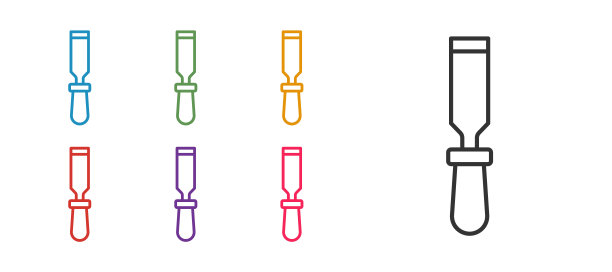 设置线凿工具的木材图标隔离在白色背景。设置图标彩色。向量图片下载