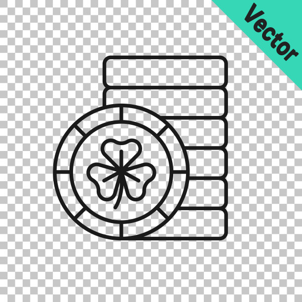 黑线金妖精硬币与三叶草三叶草图标隔离在透明的背景。圣帕特里克节快乐。爱尔兰国家假日。向量图片下载