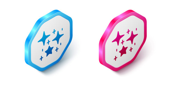 等距闪烁星星与神奇的闪闪发光的粒子图标隔离在白色背景。神奇的圣诞装饰。六角按钮。向量图片下载