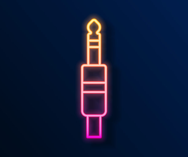 发光的霓虹线音频插孔图标孤立的黑色背景。用于连接音响设备的音频电缆。插线。乐器。向量图片下载