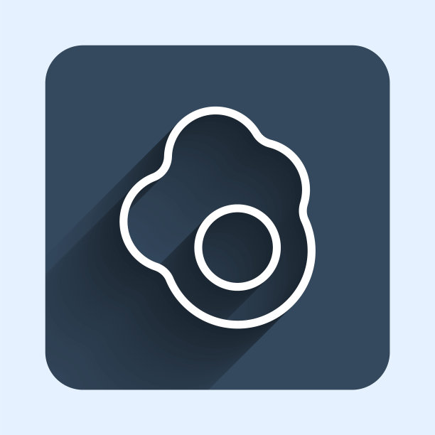 白线炒鸡蛋图标孤立的长阴影背景。家常菜，煎蛋，健康早餐，蛋卷图标。蓝色方形按钮。向量图片下载