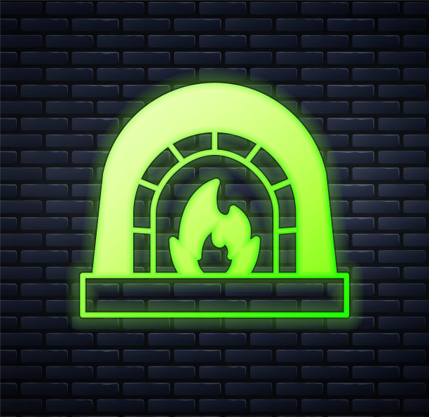 发光的霓虹灯铁匠烤箱图标孤立的砖墙背景。向量图片下载
