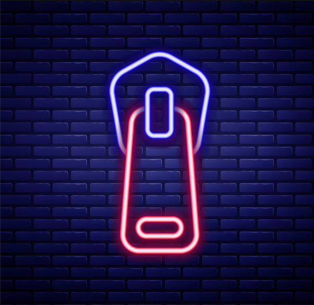 发光的霓虹灯线拉链图标孤立的砖墙背景。色彩缤纷的轮廓概念。向量图片下载