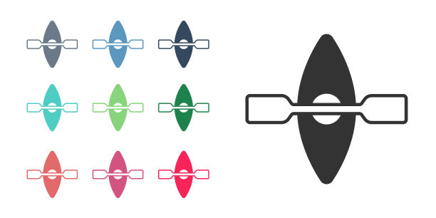 黑色皮艇和划桨图标隔离在白色背景。钓鱼和旅游用皮艇和独木舟。户外活动。设置图标彩色。向量图片下载