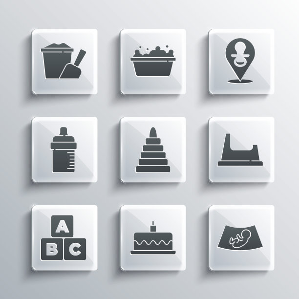 集蛋糕与燃烧的蜡烛，超声波的婴儿，婴儿便盆，金字塔玩具，ABC块，瓶子，沙桶铲和假奶嘴图标。向量图片下载