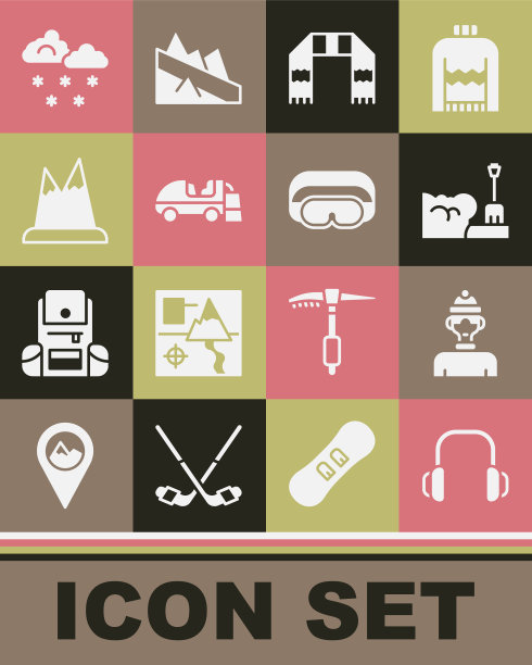 设置冬季耳机，运动员，铲雪堆，围巾，冰表面，山，云与滑雪护目镜图标。向量图片下载