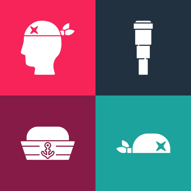 设置流行艺术海盗头巾为头，水手帽，望远镜镜头和船长的图标。向量图片下载