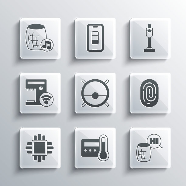 设置恒温器、语音助手、指纹、机器人吸尘器、带CPU的处理器、智能咖啡机和真空图标。向量图片下载