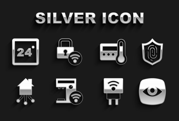 设置智能咖啡机，指纹，安全摄像头，电源插头，家庭，恒温器和数字门锁图标。向量图片下载