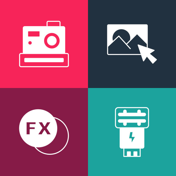 设置流行艺术照片相机闪光灯，fx，修饰和图标。向量图片下载