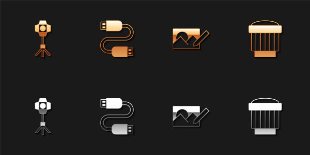 设置软箱灯，USB电缆线，照片修饰和相机照片镜头图标。向量图片下载
