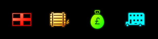 集英国国旗，木桶，钱袋与英镑和双层巴士图标。向量图片下载