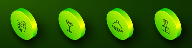 集等距线椰子鸡尾酒，鸡尾酒，覆盖与托盘和船长的船图标。向量图片下载