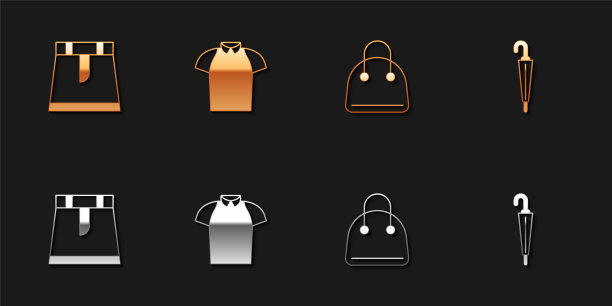 集裙子，Polo衫，手袋和雨伞的图标。向量图片下载