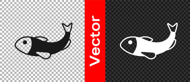 黑色干鱼图标隔离在透明的背景。向量图片下载