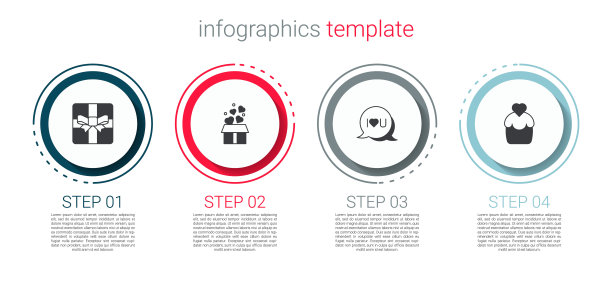 礼盒套装，有爱心，言语泡泡文字我爱你和结婚蛋糕。业务信息图表模板。向量图片下载
