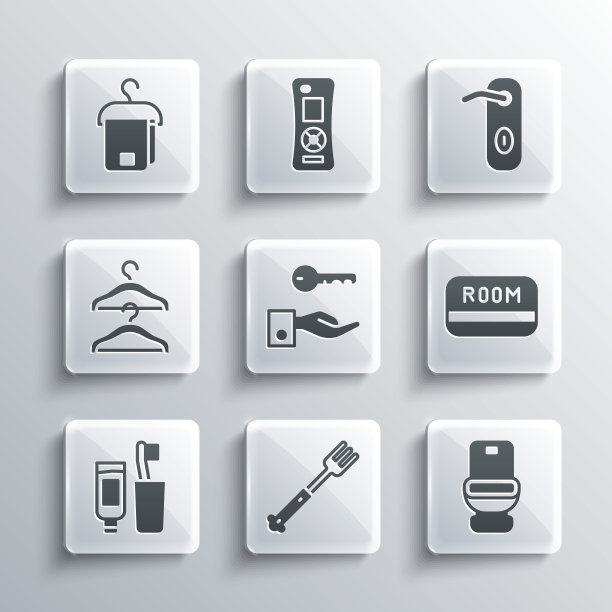 设置叉子，马桶，酒店钥匙卡，门锁，牙刷和牙膏，衣架衣柜，毛巾衣架和门把手图标。向量图片下载