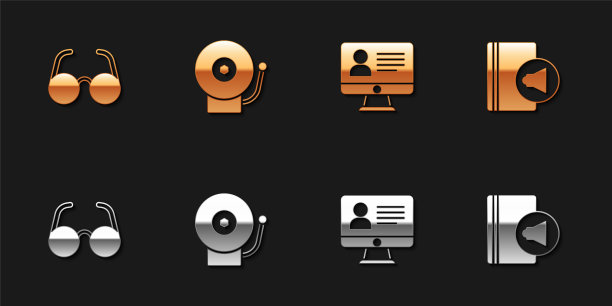 设置眼镜，响闹钟，在线课程和有声读物图标。向量图片下载