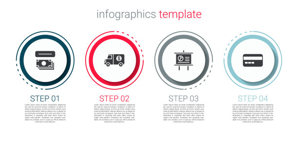 设置自动取款机和现金，运钞车，有图表的黑板和信用卡。业务信息图表模板。向量图片下载