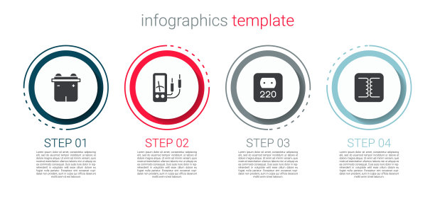 配套汽车蓄电池、电流表、万用表、插座、变压器。业务信息图表模板。向量图片下载