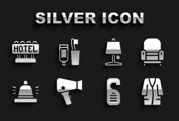 套装:吹风机，扶手椅，浴袍，请勿打扰，酒店服务铃，台灯，带有文字和牙刷牙膏图标的招牌。向量图片下载