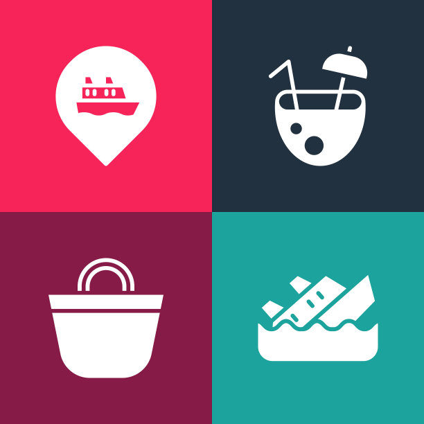 集波普艺术沉没的游轮，海滩包，椰子鸡尾酒和位置与图标。向量图片下载