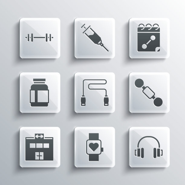 设置智能手表，耳机，哑铃，跳绳，健身房建设，运动营养，杠铃和日历健身图标。向量图片下载