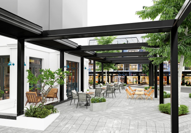 咖啡店户外可伸缩百叶屋顶凉棚系统。三维渲染图片下载