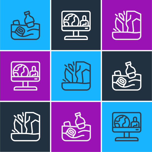 设置海洋污染问题，冰川融化和天气预报图标。向量图片下载