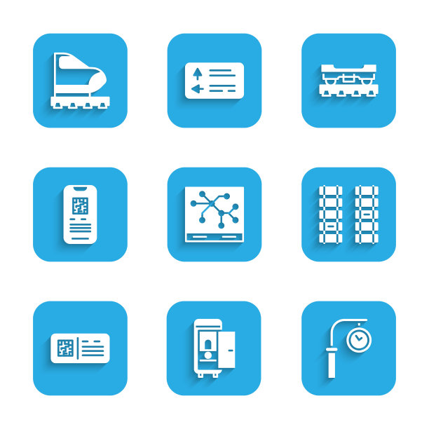 集铁路地图、车厢厕所、火车站时钟、铁路、铁轨、二维码票、电子票、货车、高速图标为一体。向量图片下载