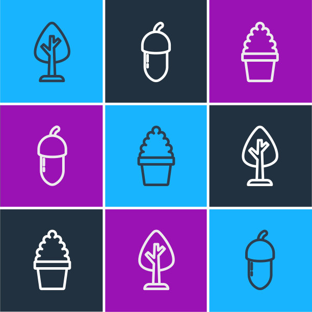 设置线森林，仙人掌佩奥特在锅和橡子图标。向量图片下载