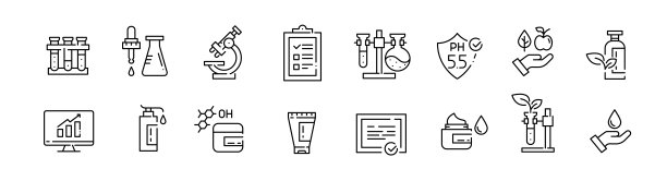 化妆品生产图标。实验室流程，成分和数据分析。像素完美，可编辑的笔触图片下载