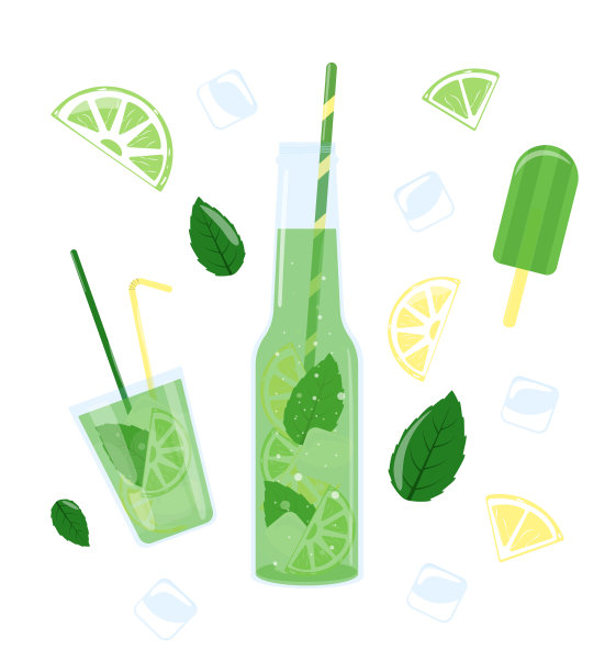 加冰的夏日柠檬水。软饮料。玻璃瓶装酸橙和柠檬汁，冰淇淋，鸡尾酒，薄荷，冰，吸管。图片下载