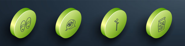 设置等距线拖鞋，祖父，拐杖或拐杖和药瓶药丸图标。向量图片下载