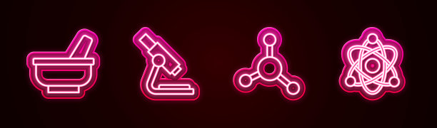 固定线臼和杵，显微镜，分子和原子。发光的霓虹灯图标。向量图片下载