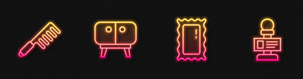 大全长镜子，发刷，电视桌架，麦克风。发光的霓虹灯图标。向量图片下载