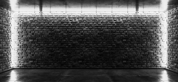 霓虹灯的光照在破烂的砖墙上。黑白3d背景。图片下载