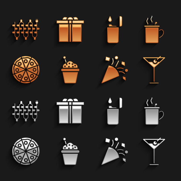 集蛋糕，热葡萄酒，马提尼玻璃，节日五彩纸屑，披萨，打火机，圣诞灯和礼品盒图标。向量图片下载