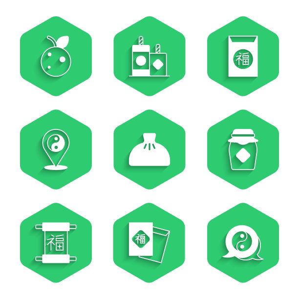 饺子、中国新年、阴阳符号、蜂蜜罐和桃子或油桃图标矢量图图片下载