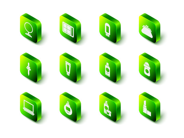 集眼影调色板，面霜或乳液化妆品管，手拿包，止汗除臭剂卷，口红，一瓶洗发水，和香水图标。向量图片下载