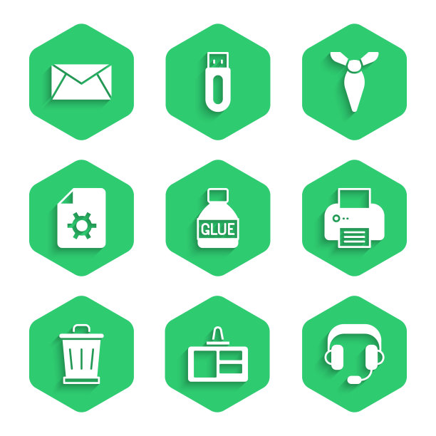 设置胶水，标识徽章，耳机，打印机，垃圾桶，文档设置，领带和邮件和电子邮件图标。向量图片下载