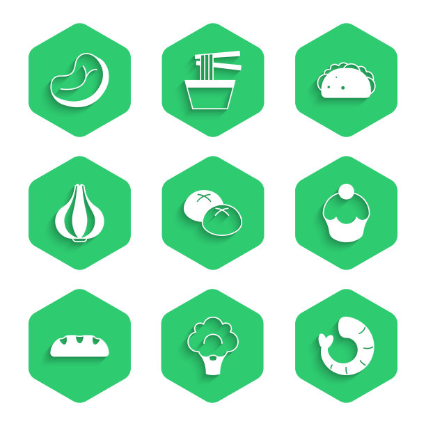 设定面包，花椰菜，虾，松饼，大蒜，玉米饼和牛排肉图标。向量图片下载