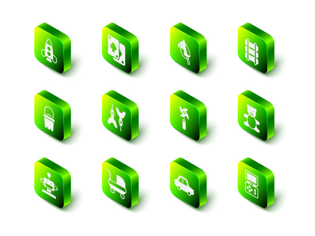 集扑克牌，玩具马，铁路，泰迪熊毛绒玩具，俄罗斯方块电子游戏，风车，和婴儿推车图标。向量图片下载