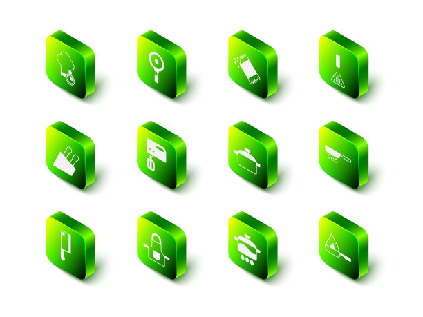 设置煎锅，辣椒包，烧烤铲，烹饪锅，和厨房围裙图标。向量图片下载