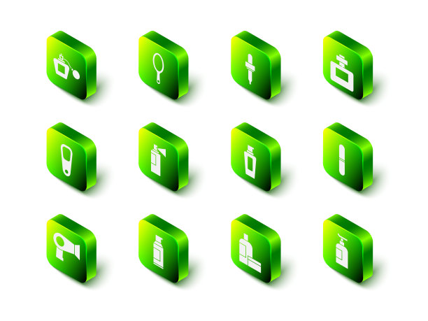 集手镜，移液器，香水，指甲锉，乳霜乳液化妆品管，瓶洗发水，和喷雾罐的发胶图标。向量图片下载