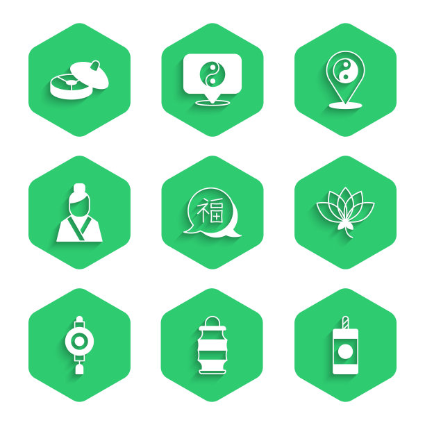 集中国新年，纸灯笼，烟花，莲花，亚洲女人，阴阳符号和茶道图标。向量图片下载