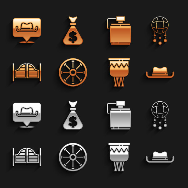 集旧木轮，捕梦网与羽毛，西部牛仔帽，鼓，酒吧门，食堂水壶，位置和钱袋图标。向量图片下载