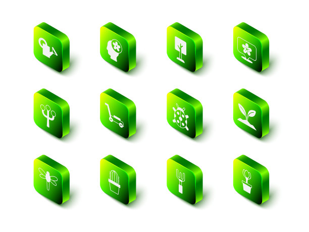 设置人头内花，森林，位置，发芽，花郁金香花盆，瓢虫，花园耙和仙人掌佩奥特图标。向量图片下载